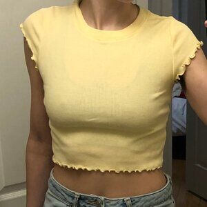 Forever 21 Pale Yellow Shortsleeve Crop Top Ruffled Hems Small